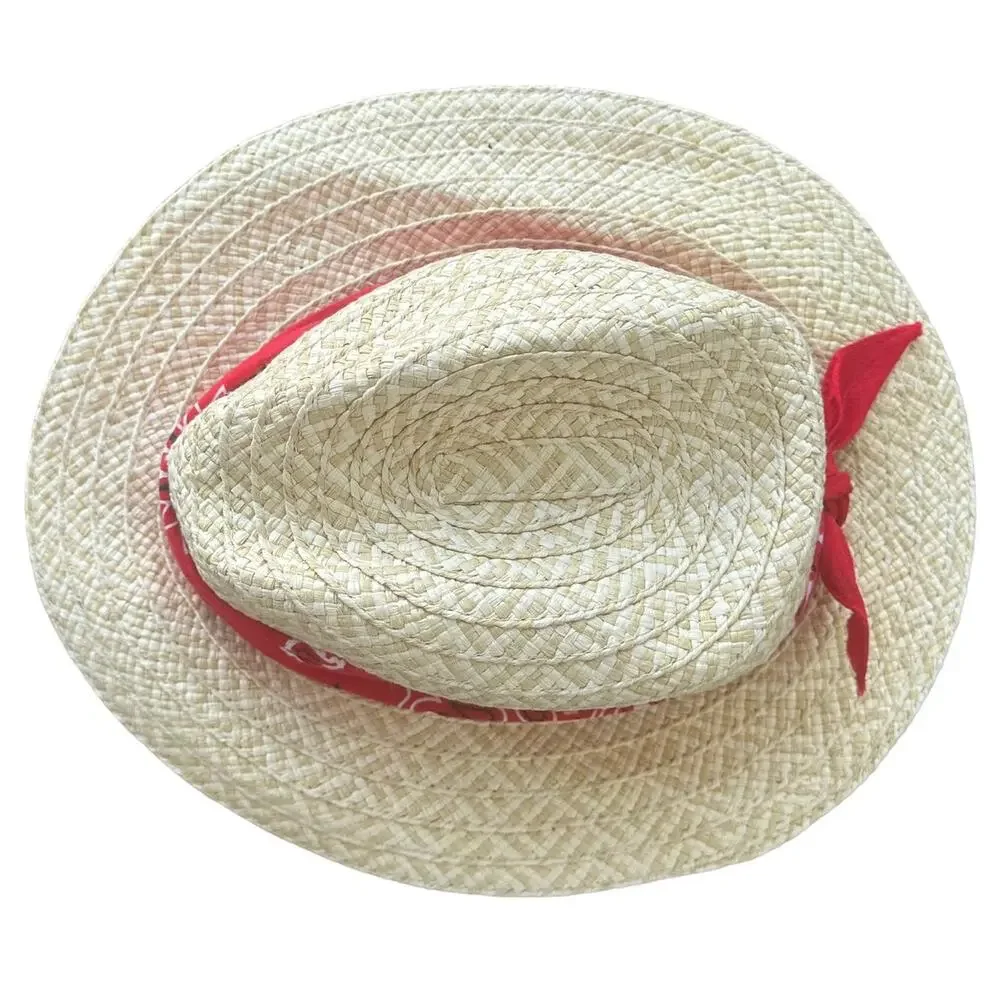 Tan Straw Hat Red Paisley Bandana Tie. Sun Hat Beach Summer Medium/Large NWOT - Picture 3 of 8